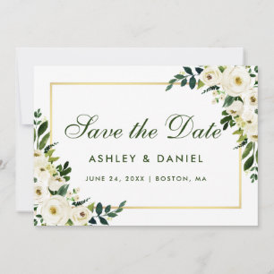 Reserve A Data Aquarela Verde Floral Branco Dourado Salvar Data G