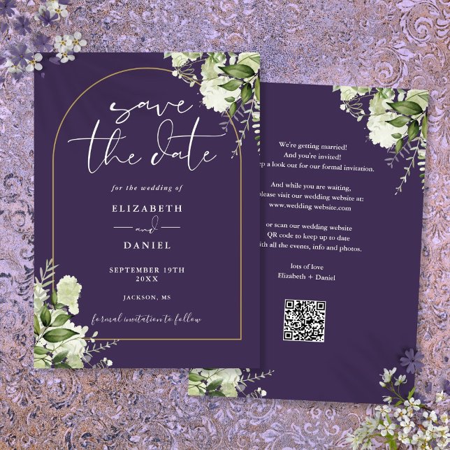 Reserve A Data Arca Dourada Floral Púrpura Casamento QR Código (Purple Greenery Floral Gold Arch QR Code Wedding Save The Date)