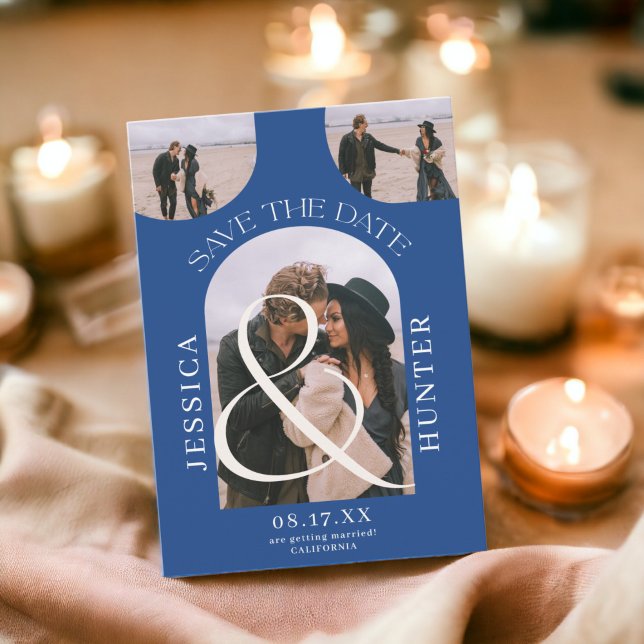 Reserve A Data Arca moderna do ventre 4 fotos azul de casamento (Modern boho arch 4 photos wedding blue save the date)