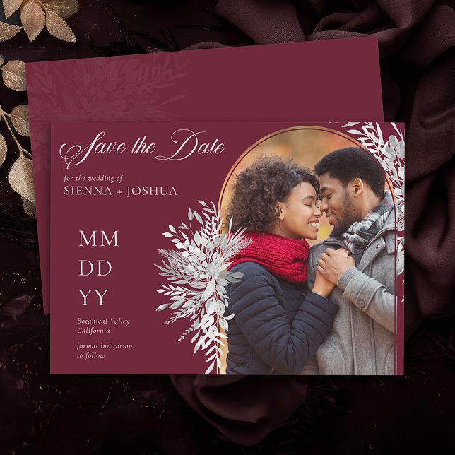 Reserve A Data Arch Photo Botanage Foliage Burgundy Horizontal (Photo Save the Date Invite in Burgundy and Grey from the Foliage Duet Collection by Darling & May)