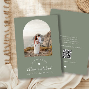 Reserve A Data Arco boho verde sage moderno código QR foto casame