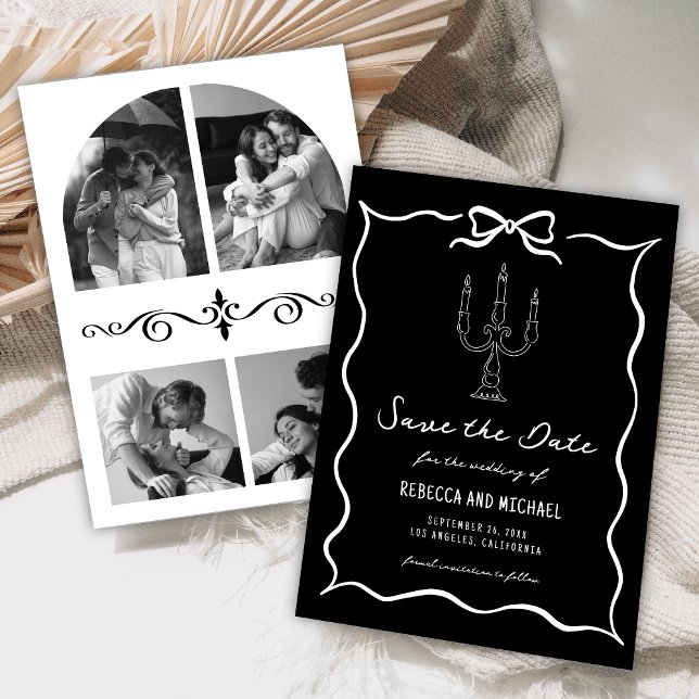 Reserve A Data Arco Branco Desenhado à Mão Preta Foto Casamento (Criador carregado)