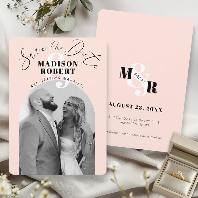 Reserve A Data Arco de casamento com E comercial rosa e foto em p (Unique Blush pink ampersand monogram black and white arch photo modern wedding save the date card)