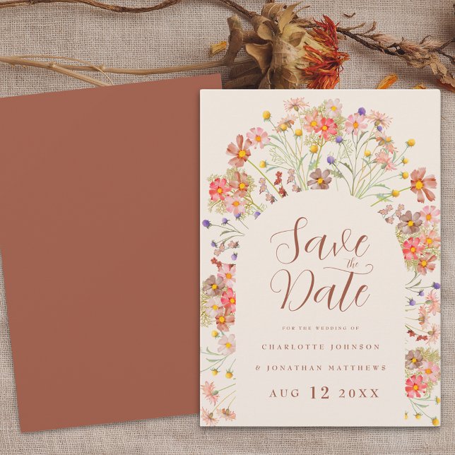 Reserve A Data Arco de Casamento Floral Boho Rústico de Outono co (Floral arch wildflower watercolor boho fall wedding save the date invitation Burnt Orange terracotta)