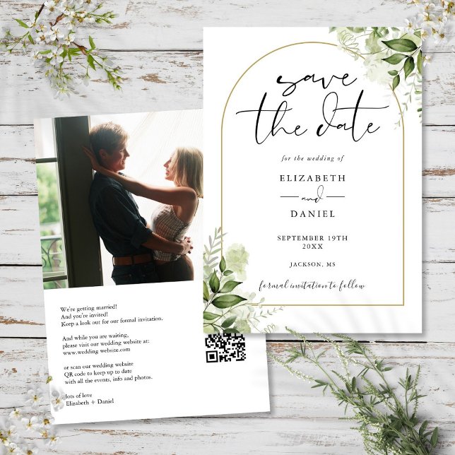 Reserve A Data Arco de Folhagem Rústica Dourada Código QR de Foto (Rustic Greenery Gold Arch Photo QR Code Wedding Save The Date)