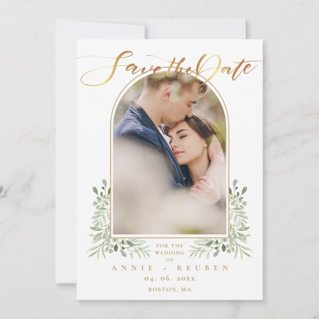 Reserve A Data Arco de Foto com Rotulo Dourado e Verdura Elegante (Frente)