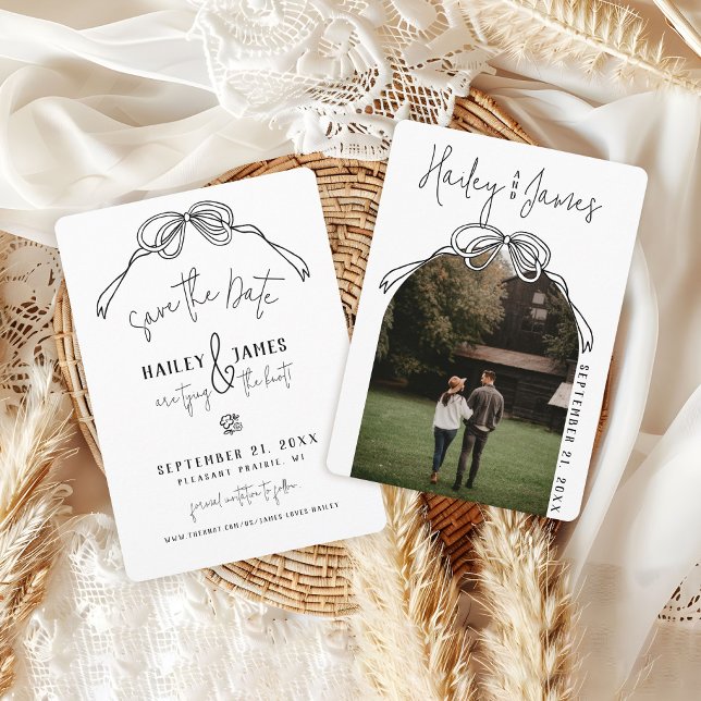 Reserve A Data Arco Desenhado à Mão Moderno Excêntrico PRETO Foto (Rustic boho black and white hand drawn bow modern arch photo classy wedding save the date)