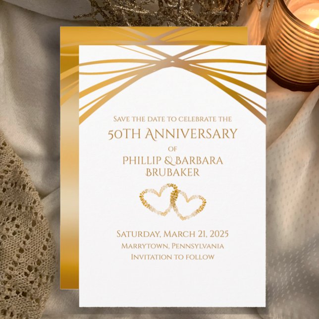 Reserve A Data Arco Elegante Dourado Aniversário de 50 Anos Data  (Custom Unique Elegant Save the Date Card for Golden 50th Wedding Anniversary Party Hearts Invitation)