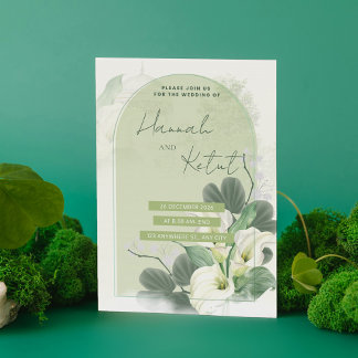 Reserve A Data Arco Elegante Verde Sage e Floral de Aquarela Bran