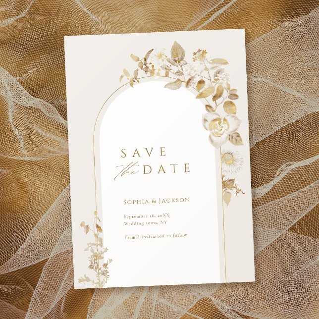 Reserve A Data Arco Floral Botânico em Ouro Elegante (Elegant Gold Botanical Floral Arch Save The Date)