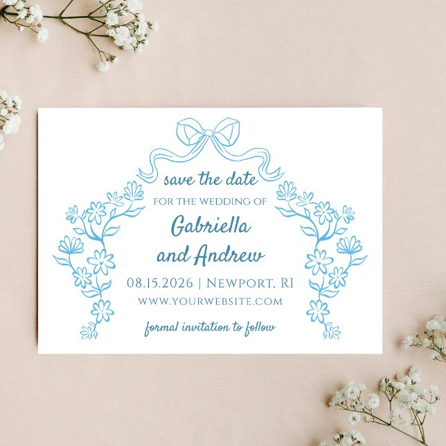 Reserve A Data Arco Floral Chic Desenhado à Mão Azul Elegante (Sophisticated classic blue floral save the date card with bow motif, perfect for elegant weddings.)