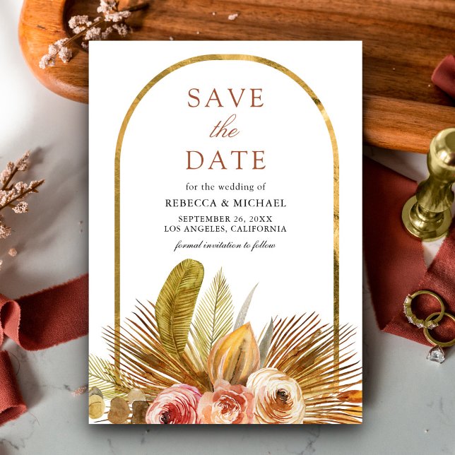 Reserve A Data Arco Floral Rústico Terroso Dourado Casamento Boho (Criador carregado)