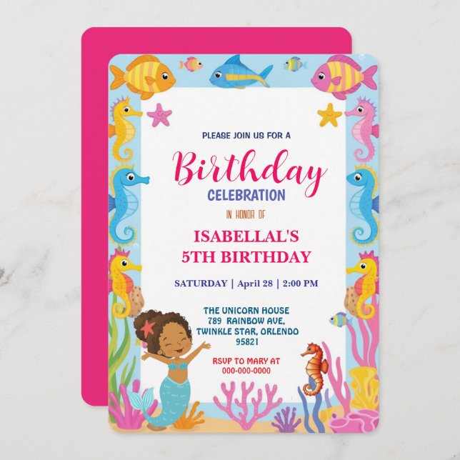 Reserve A Data Arco-Íris Giro Afro Mermaid no dia do aniversário  (Frente/Verso)