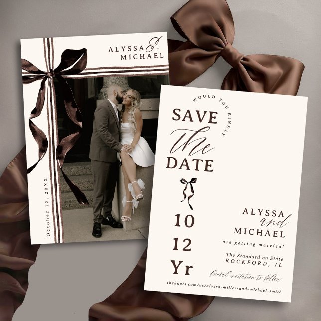 Reserve A Data Arco Marrom e Marfim Simples Elegante Casamento de (Elegant modern watercolor brown and ivory coquette bow ribbon typography photo wedding save the date)