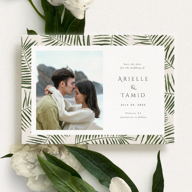 Reserve A Data Areca Modern Watercolor Palm Casamento Salva a Dat (Criador carregado)