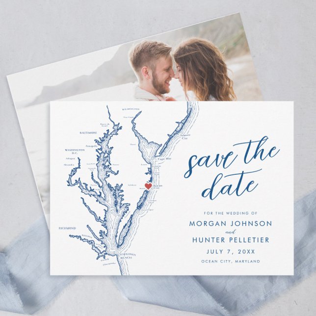 Reserve A Data Armamento Mínimo Moderno da Cidade de Ocean Maryla (Ocean City Maryland Map Save the Dates with minimal modern navy blue script from Coastal Map Designs)