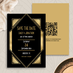 Reserve A Data Art Deco Black Dourado Código QR Casamento Salvar