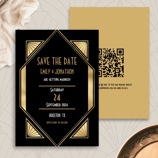 Reserve A Data Art Deco Black Dourado Código QR Casamento Salvar  (Front and back view)