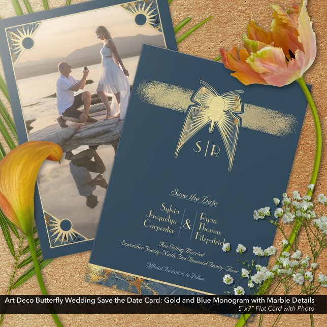 Reserve A Data Art Deco Borboleta Monograma Foto Azul Dourado (Art Deco Butterfly Save the Date Card with Monogram: Blue and Gold )