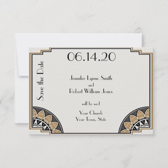 Reserve A Data Art Deco Dourado Posh Wedh Save the Date (Frente)
