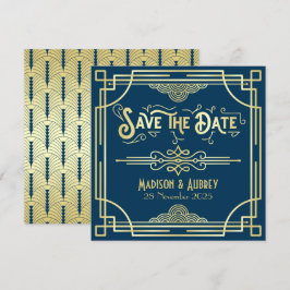 Reserve A Data Art Deco Weding Elegante Dourado Excelente Azul Ga