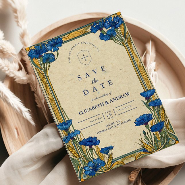 Reserve A Data Art Nouveau Blue Cornflower Wedding (Criador carregado)
