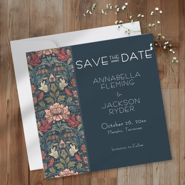 Reserve A Data Art Nouveau Blue William Morris Floral Wedding (Criador carregado)