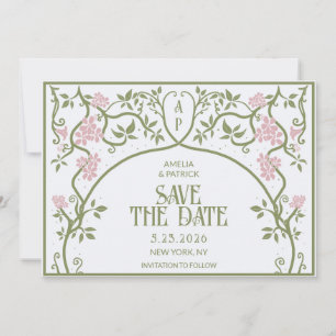 Reserve A Data Art Nouveau Casamento Floral Verde e Rosa