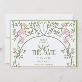 Reserve A Data Art Nouveau Casamento Floral Verde e Rosa
