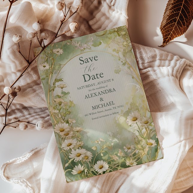 Reserve A Data Art Nouveau Daisies Ivory Green Wedding (Criador carregado)