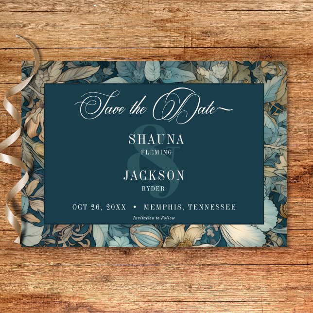 Reserve A Data Art Nouveau Teal William Morris Casamento Floral (Art Nouveau Teal William Morris Floral Wedding Save The Date)
