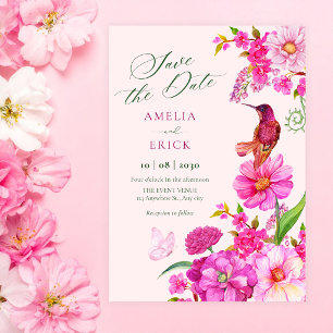Reserve A Data arte de beija-flor de casamento de flor rosa