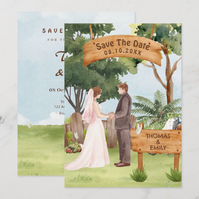 Reserve A Data Arte de casamento em aquarela (Frente/Verso)