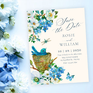 Reserve A Data Arte de pássaro floral azul elegante casamento