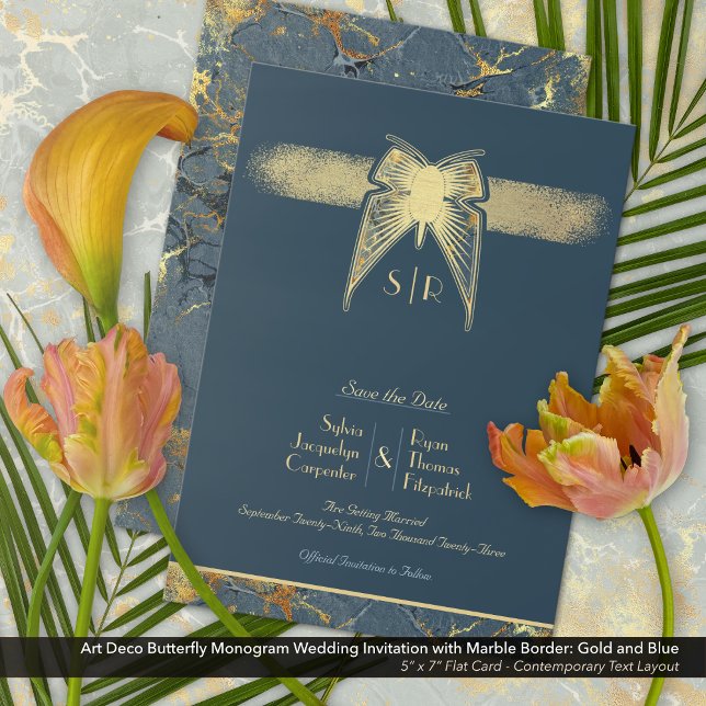 Reserve A Data Arte Deco Borboleta Monograma Azul e Casamento Dou (Art Deco Butterfly Wedding Save-the-Date Card with Contemporary Text Layout)