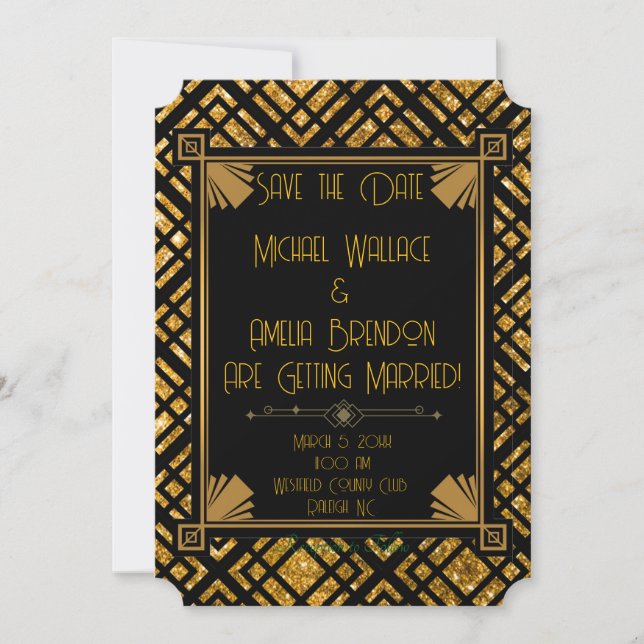 Reserve A Data Arte Deco Casamento Preto e Dourado Guarde o Cartã (Frente)