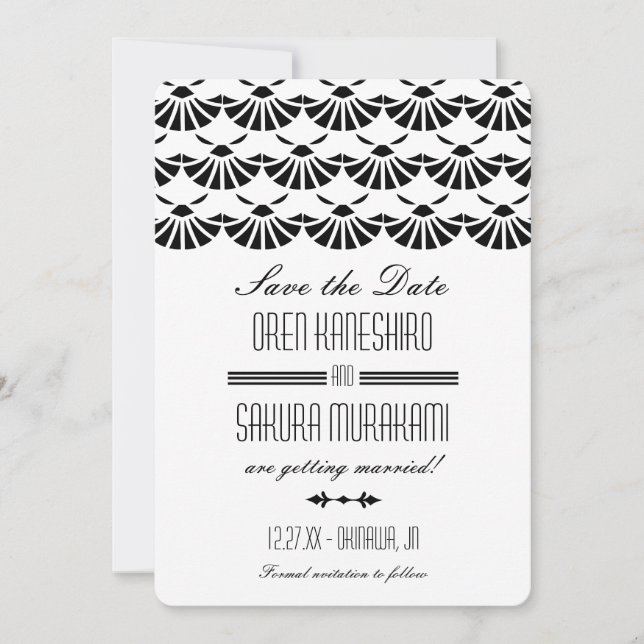 Reserve A Data Arte Deco Oriental Branco Estilo Save The Date (Frente)