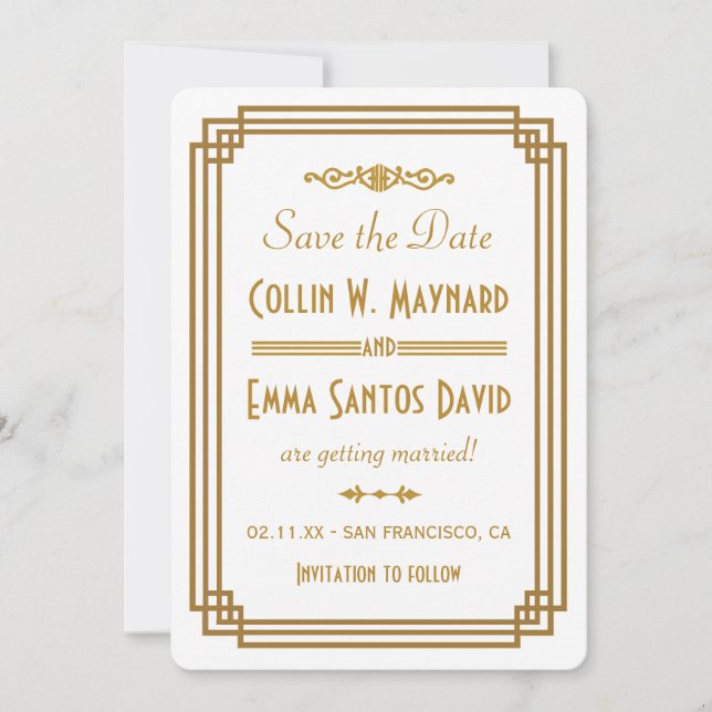 Reserve A Data Arte Deco Simples Branco Save The Date (Frente)