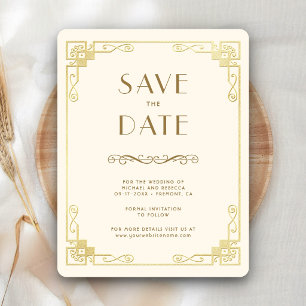 Reserve A Data Arte Deco Vintage Foto de Casamento Creme Dourado