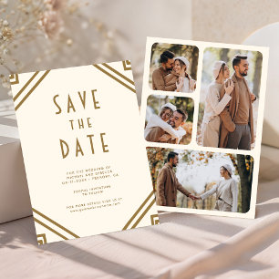 Reserve A Data Arte Geométrico Decô Creme Dourado Casamento Foto
