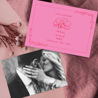 Arte Linear Floral Casamento Rosa + Vermelho