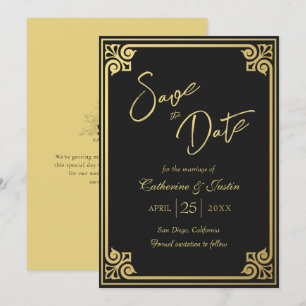 Reserve A Data Arte Moderna Deco Dourado Casamento Pavão Negro