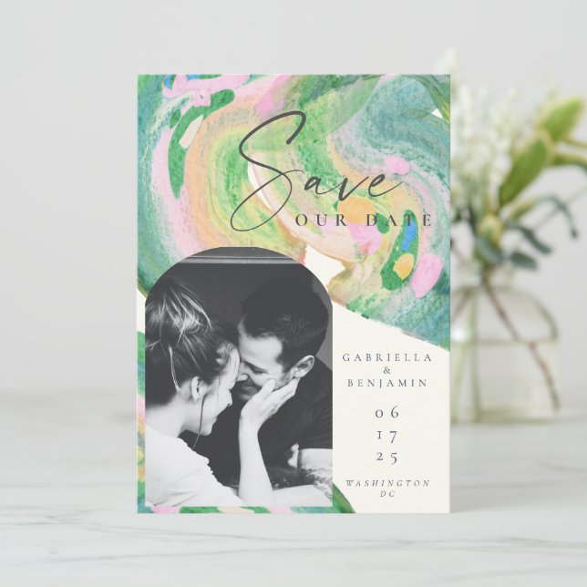 Reserve A Data Artsy Abstrato Green Watercolor Photo Wedding (Em pé/Frente)