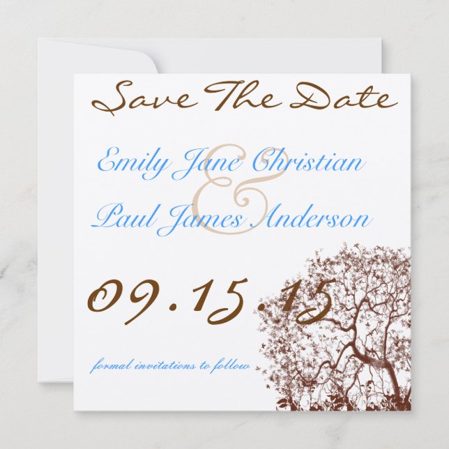 Reserve A Data Árvore castanha Brilhante Fonte azul Salvar a Data (Frente)