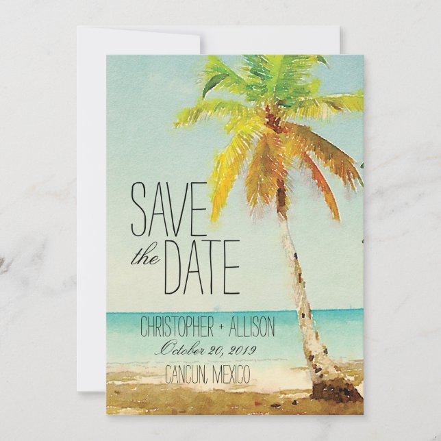 Reserve A Data Árvore Palm de Aquarela | Casamento Salvar a Data (Frente)