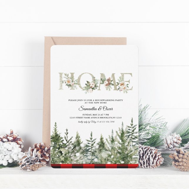 Reserve A Data Árvore verde de pinheiro de aquarela e Xadrez verm (Criador carregado)