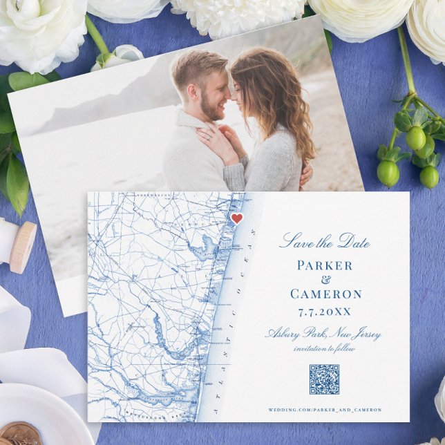 Reserve A Data Asbury Park New Jersey Mapa Elegante do Marinho QR (This Asbury Park New Jersey map save the date includes a QR code for your wedding website)