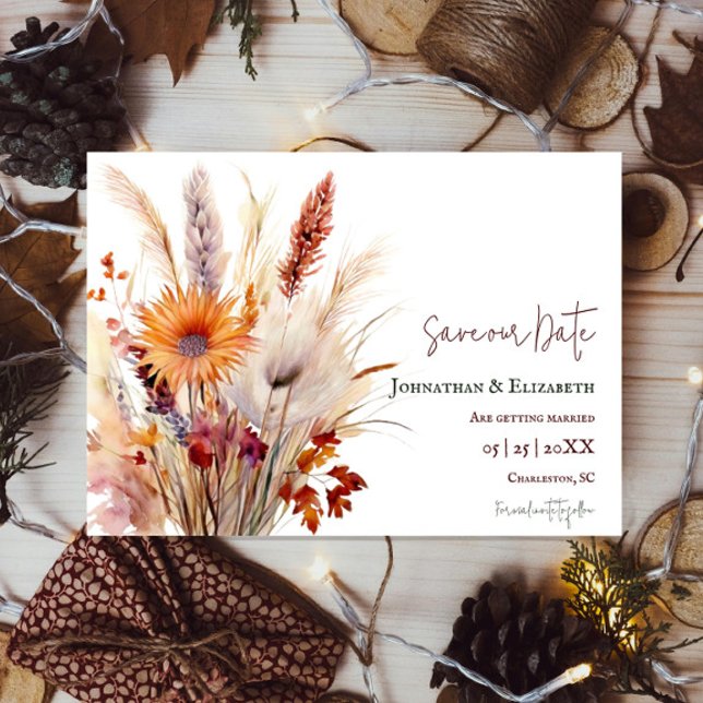 Reserve A Data Autumn Boho Floral | White Save Date (Autumn Boho Floral White Save the Date)