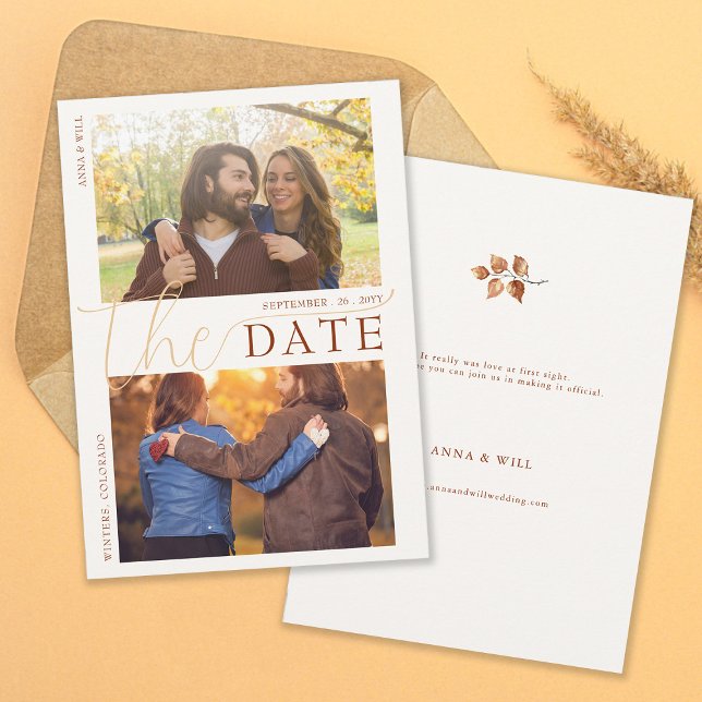 Reserve A Data Autumn Deixa Terracotta Foto do Casamento outono M (Autumn Leaves Fall Wedding Photo Save the Date Elegant Modern Calligraphy Terracotta Foliage Orange)