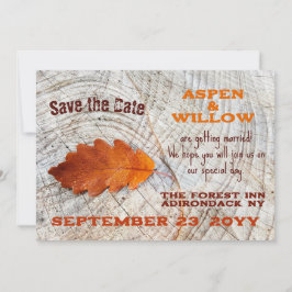 Reserve A Data Autumn Leaf Rustic Wood Flat Save The Date Card